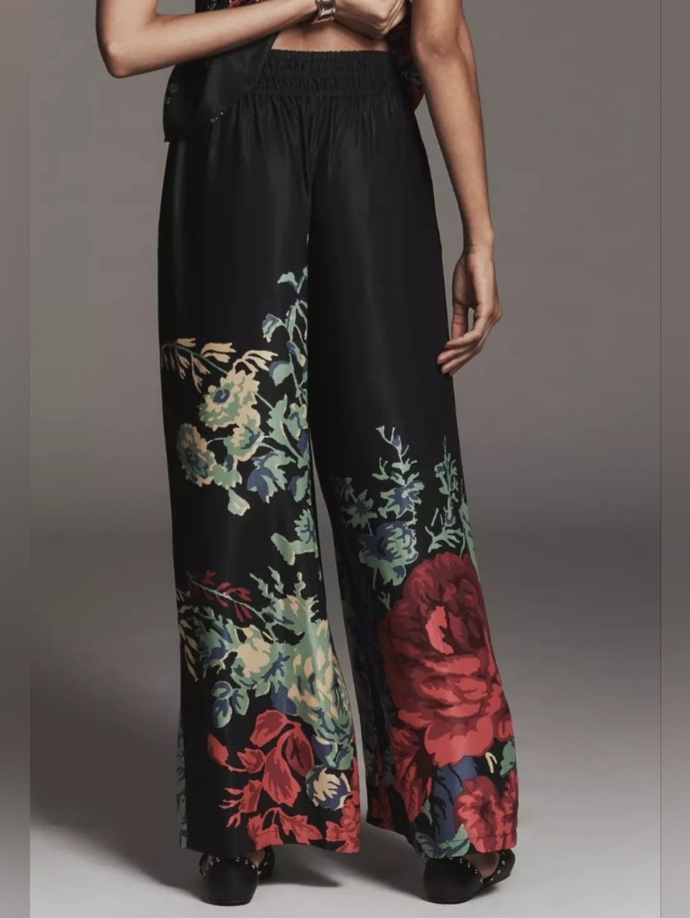 Anthropologie Black Wide-Leg Floral Palazzo Pants - Picture 3 of 7